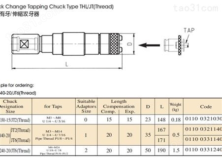 中国台湾贸巨JT柄伸缩浮动攻牙器JT柄有牙伸缩浮动攻丝器THLP140-20/JT2 JT6